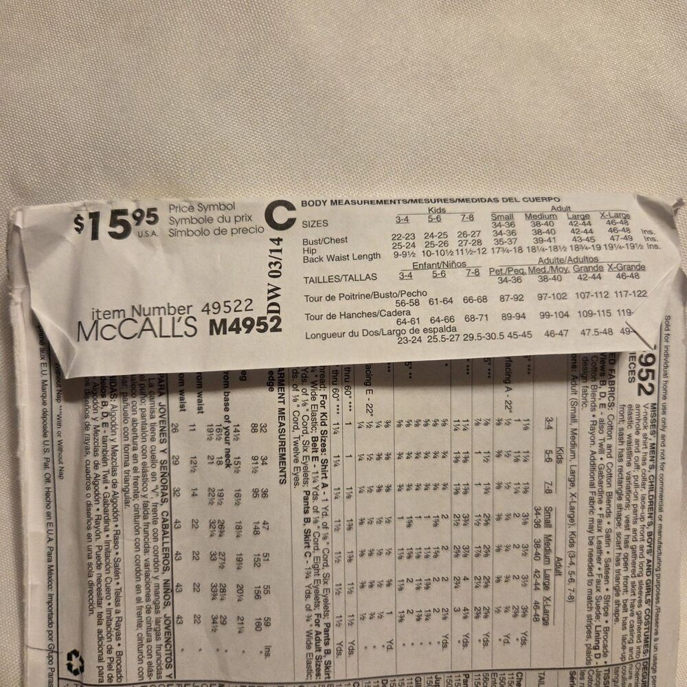 McCall’s Costume Pattern M4952 Pirate KIDS 3-8 Shirt Pants Skirt Vest Belt Sash - Picture 4 of 5